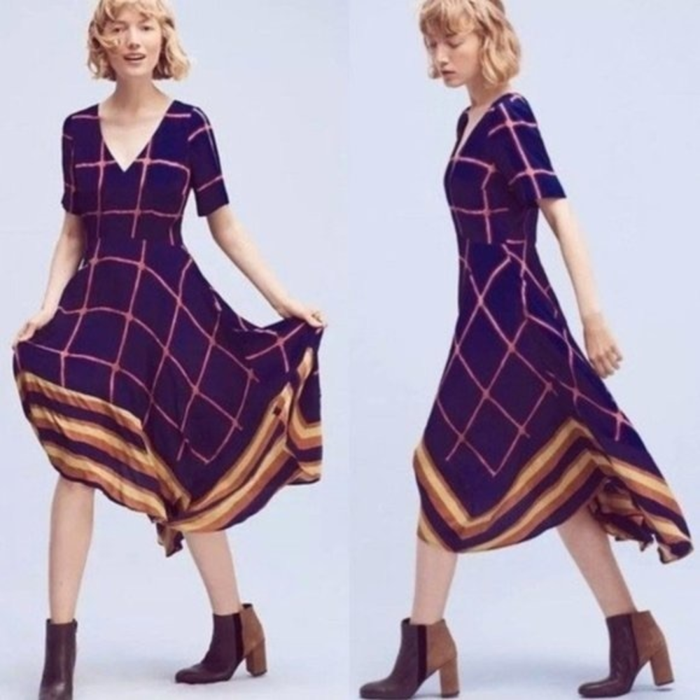 Anthropologie HD in Paris Navy Blue‎ Pink Window Pane Plaid Dress size 8